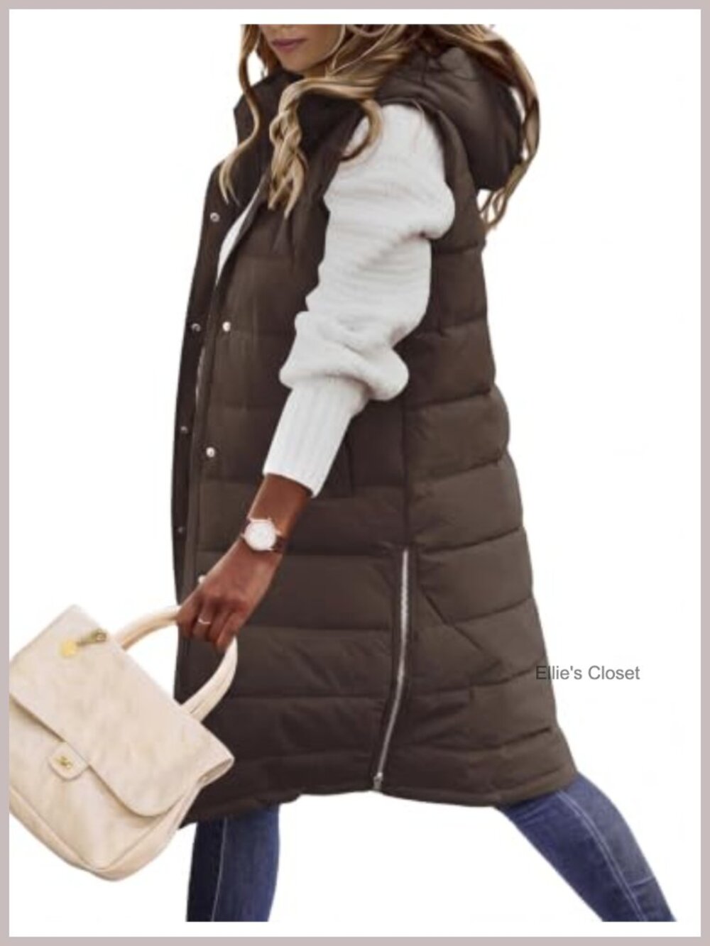 Long Quilted Puffer Vest Women Zip Sleeveless Winter Hooded Coat